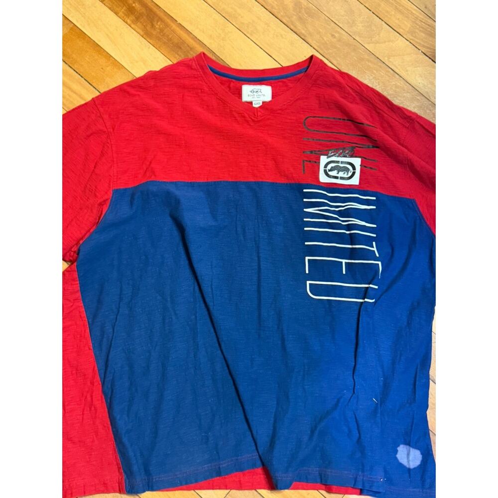 Ecko Unltd Shirt Mens 6 XB Navy Blue V-Neck Embroidered Graphic Streetwear